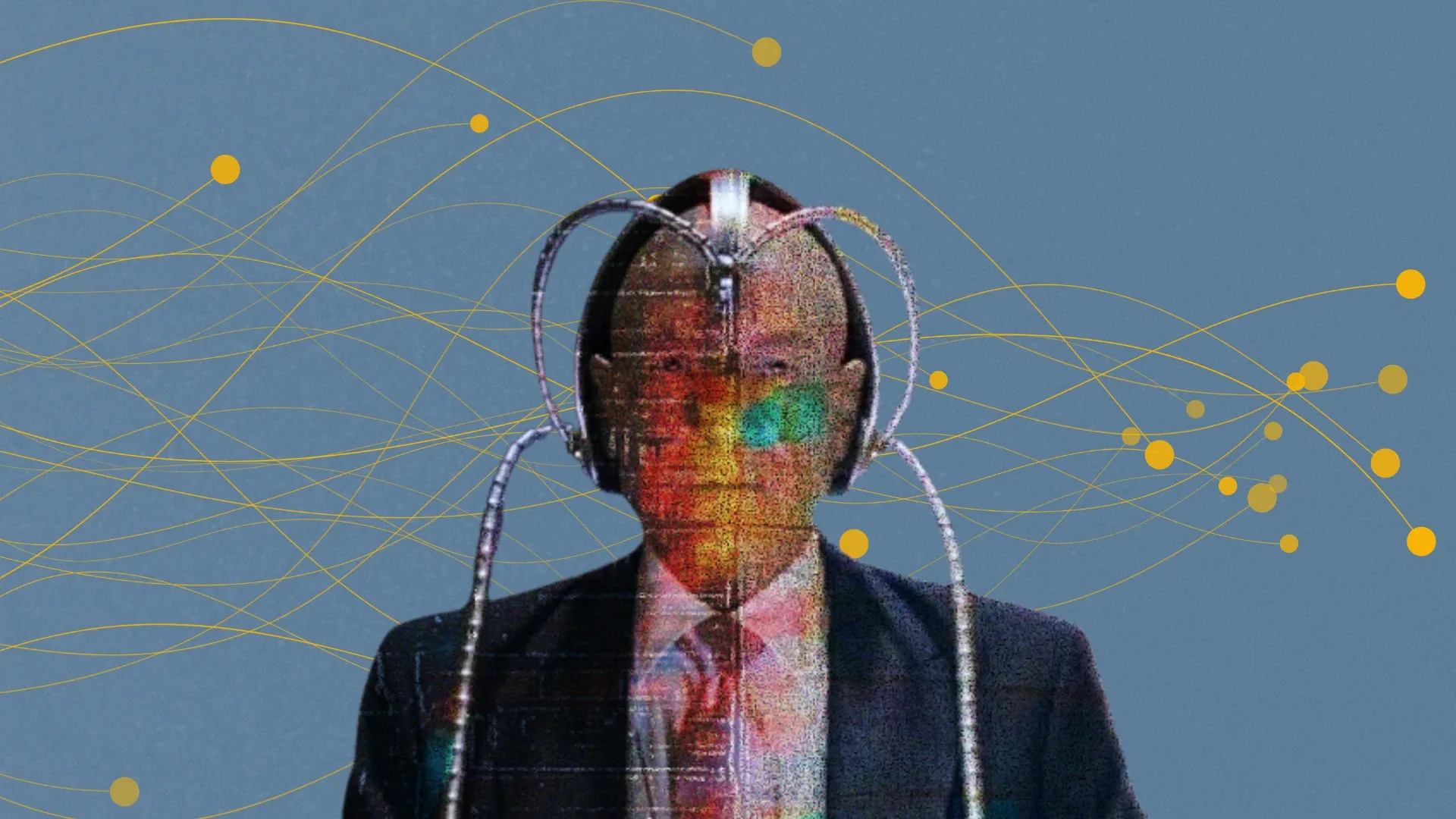 A retro-futurist human figure wearing a wired helmet amid flowing mustard network lines on a blue background.