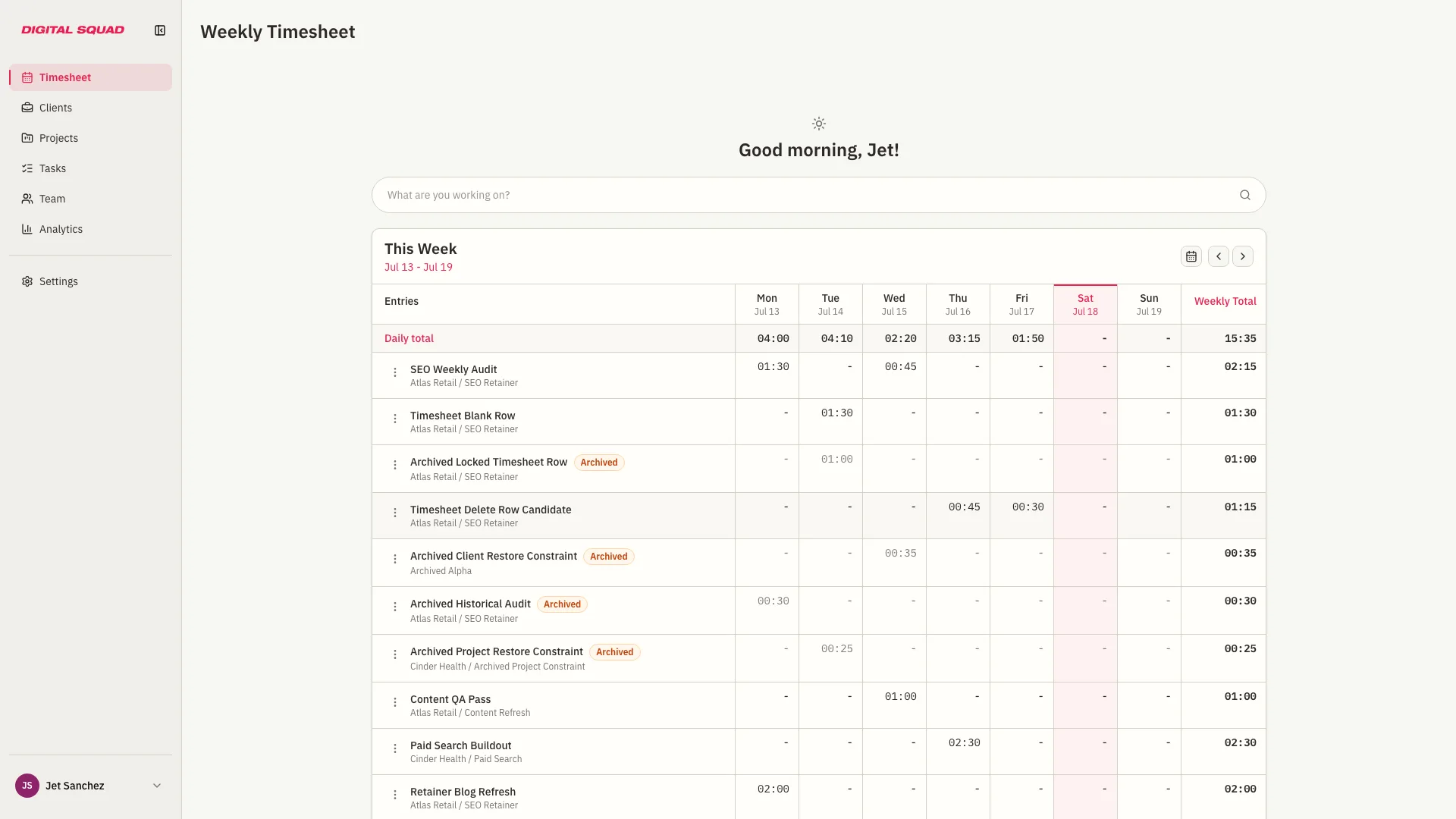 Digital Squad Timesheet weekly dashboard for Jet Sanchez showing a populated July work week